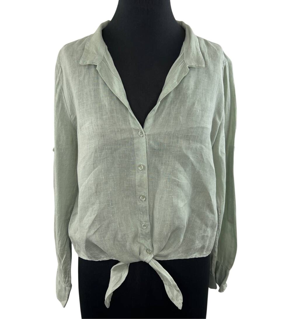 Cloth & Stone Mint Green Long Sleeve Tie Twist Front Button-Down Linen Shirt M